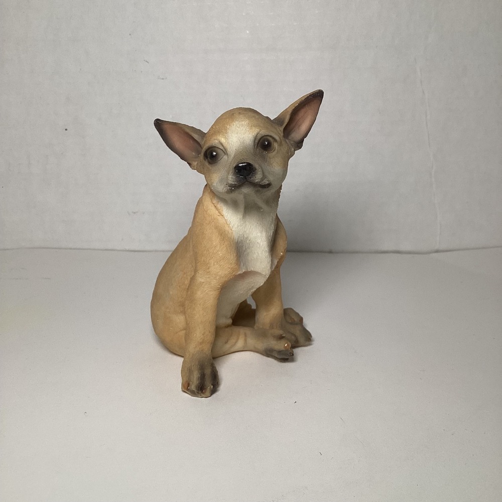 Realistic Sitting Chihuahua Puppy Figurine Tan White Resin Dog Statue 5 Inch